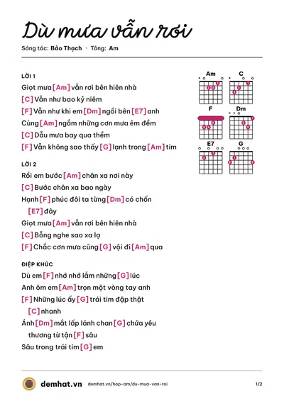 Hợp âm Dù mưa vẫn rơi (Bảo Thạch) – bản nhạc PDF trang 1, tông Am