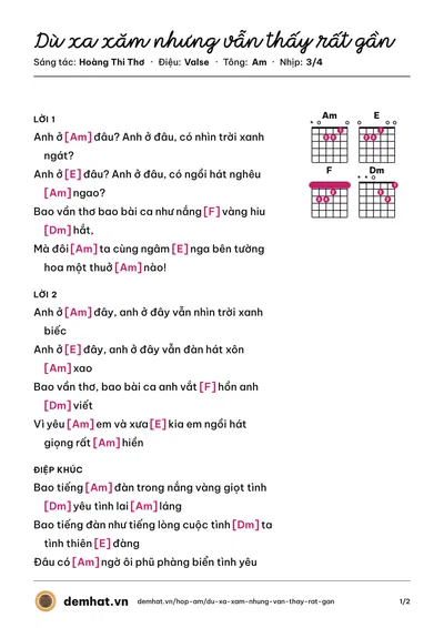 Hợp âm Dù xa xăm nhưng vẫn thấy rất gần (Hòa Mi) – bản nhạc PDF trang 1, tông Am