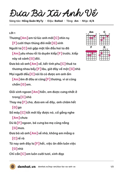 Hợp âm Đưa Bà Xã Anh Về (Hồng Quân WyTy) – bản nhạc PDF trang 1, tông Am