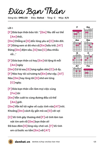 Hợp âm Đứa Bạn Thân (SMELOD) – bản nhạc PDF trang 1, tông C