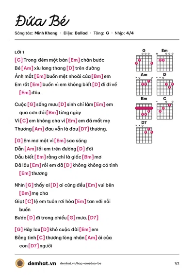 Hợp âm Đứa Bé (Minh Khang) – bản nhạc PDF trang 1, tông G
