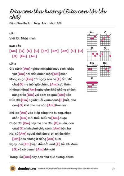 Hợp âm Đứa con tha hương (Đứa con tội lỗi chế) (Minh Chiến) – bản nhạc PDF trang 1, tông Am