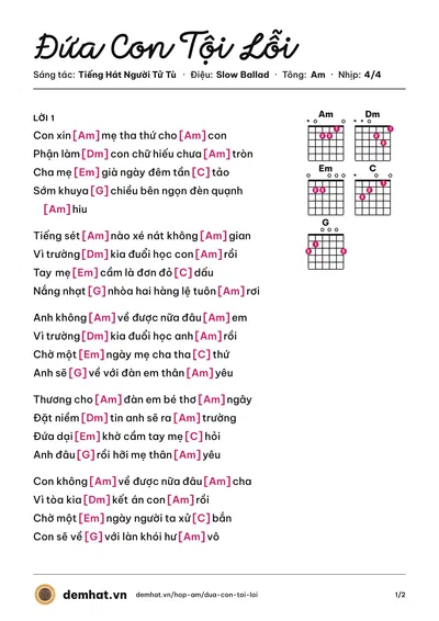 Hợp âm Đứa Con Tội Lỗi (Tiếng Hát Người Tử Tù) – bản nhạc PDF trang 1, tông Am