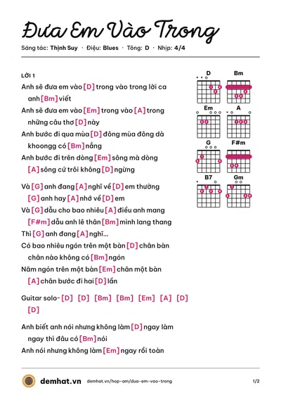 Hợp âm Đưa Em Vào Trong (Thịnh Suy) – bản nhạc PDF trang 1, tông D