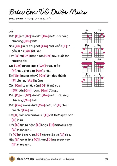 Hợp âm Đưa Em Về Dưới Mưa (Quân Keyboard) – bản nhạc PDF trang 1, tông D