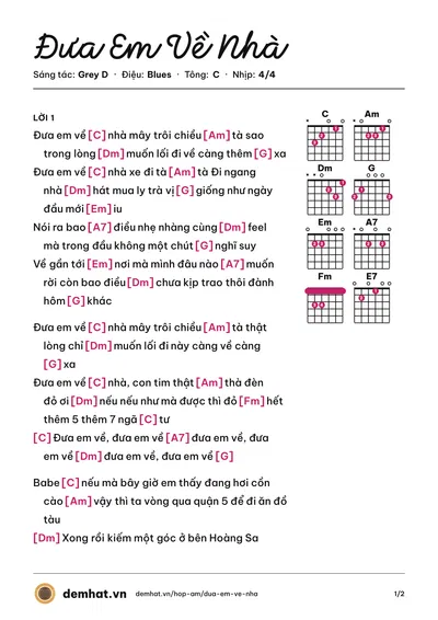 Hợp âm Đưa Em Về Nhà (Grey D) – bản nhạc PDF trang 1, tông C