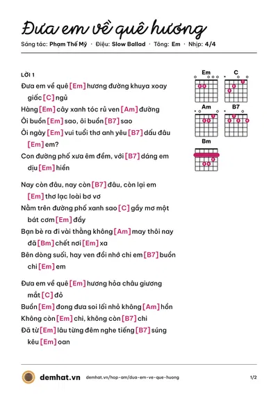 Hợp âm Đưa em về quê hương (Phạm Thế Mỹ) – bản nhạc PDF trang 1, tông Em