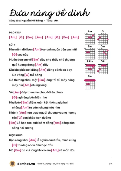 Hợp âm Đưa nàng về dinh (Nguyễn Hải Đăng) – bản nhạc PDF trang 1, tông Am