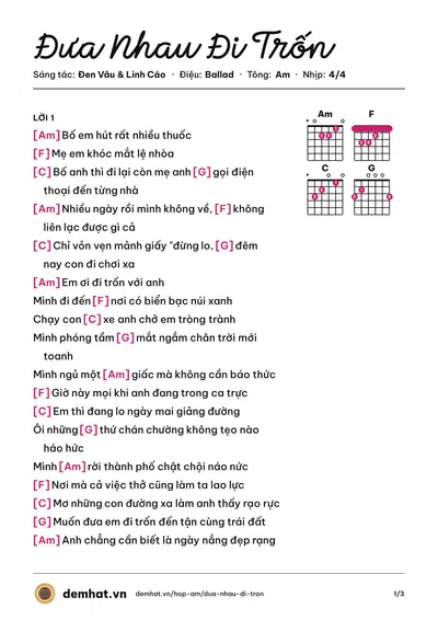 Hợp âm Đưa Nhau Đi Trốn (Đen Vâu) – bản nhạc PDF trang 1, tông Am