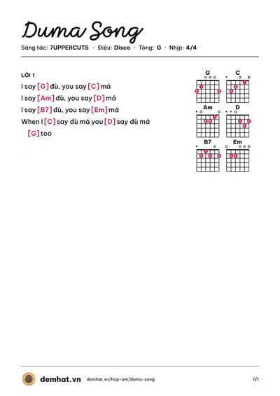 Hợp âm Duma Song (7UPPERCUTS) – bản nhạc PDF trang 1, tông G