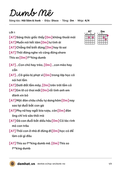 Hợp âm Dumb Mê (Hải Sâm) – bản nhạc PDF trang 1, tông Dm