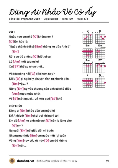 Hợp âm Đừng Ai Nhắc Về Cô Ấy (Phạm Anh Quân) – bản nhạc PDF trang 1, tông Em