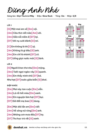 Hợp âm Đừng Anh Nhé (Lê Mây) – bản nhạc PDF trang 1, tông Em