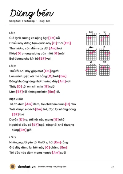 Hợp âm Dừng bến (Nhật Trường) – bản nhạc PDF trang 1, tông Em