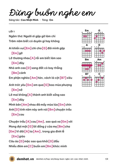 Hợp âm Đừng buồn nghe em (Cao Nhật Minh) – bản nhạc PDF trang 1, tông Em
