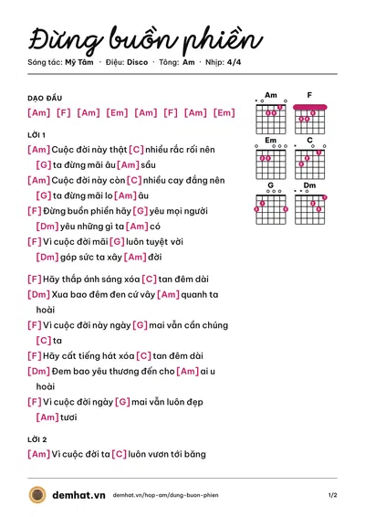 Hợp âm Đừng buồn phiền (Mỹ Tâm) – bản nhạc PDF trang 1, tông Am