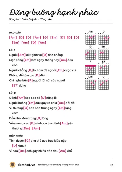Hợp âm Đừng buông hạnh phúc (Lâm Hoài Phong) – bản nhạc PDF trang 1, tông Am