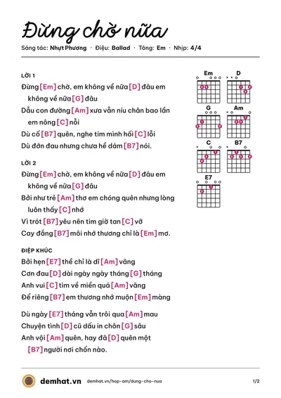 Hợp âm Đừng chờ nữa (Nhựt Phương) – bản nhạc PDF trang 1, tông Em