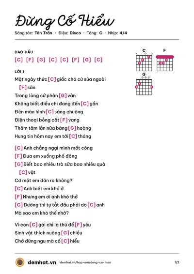 Hợp âm Đừng Cố Hiểu (Tân Trần) – bản nhạc PDF trang 1, tông C