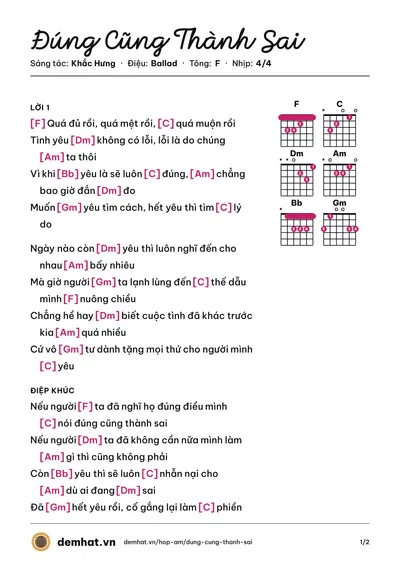 Hợp âm Đúng Cũng Thành Sai (Mỹ Tâm) – bản nhạc PDF trang 1, tông F