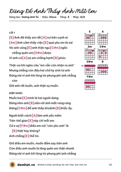 Hợp âm Đừng Để Anh Thấy Ánh Mắt Em (Vương Anh Tú) – bản nhạc PDF trang 1, tông E