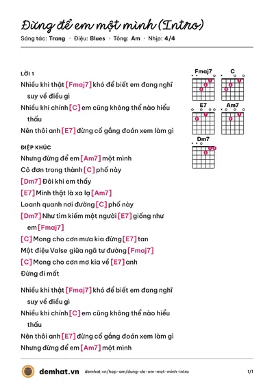 Hợp âm Đừng để em một mình (Intro) (Trang) – bản nhạc PDF trang 1, tông Am