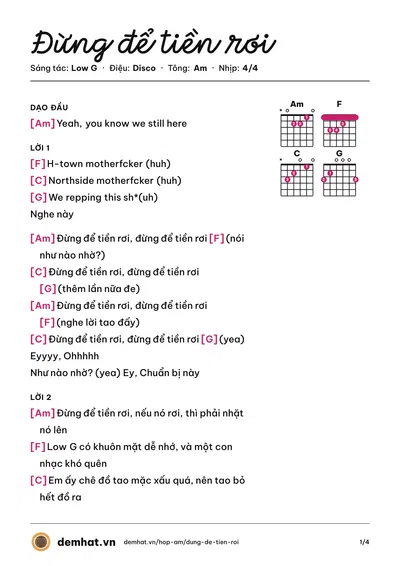 Hợp âm Đừng để tiền rơi (Low G) – bản nhạc PDF trang 1, tông Am