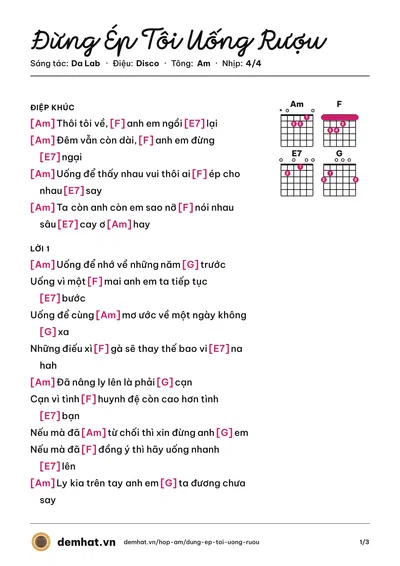 Hợp âm Đừng Ép Tôi Uống Rượu (Da Lab) – bản nhạc PDF trang 1, tông Am