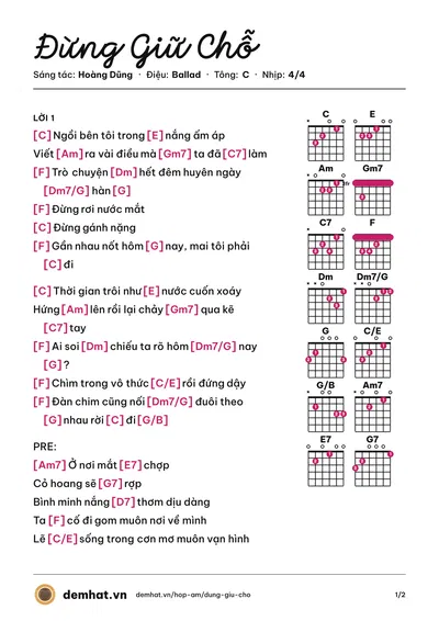 Hợp âm Đừng Giữ Chỗ (Hoàng Dũng) – bản nhạc PDF trang 1, tông C