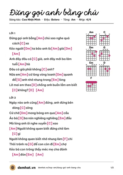 Hợp âm Đừng gọi anh bằng chú (Lê Sang) – bản nhạc PDF trang 1, tông Am