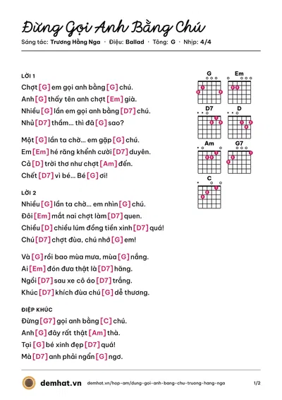 Hợp âm Đừng Gọi Anh Bằng Chú (Đường Gia Công) – bản nhạc PDF trang 1, tông G