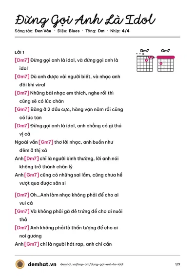 Hợp âm Đừng Gọi Anh Là Idol (Đen Vâu) – bản nhạc PDF trang 1, tông Dm