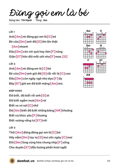 Hợp âm Đừng gọi em là bé (Tâm Thư) – bản nhạc PDF trang 1, tông Am