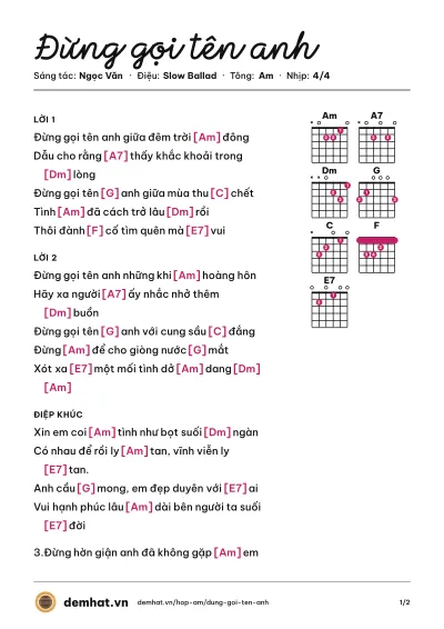 Hợp âm Đừng gọi tên anh (Chế Linh) – bản nhạc PDF trang 1, tông Am
