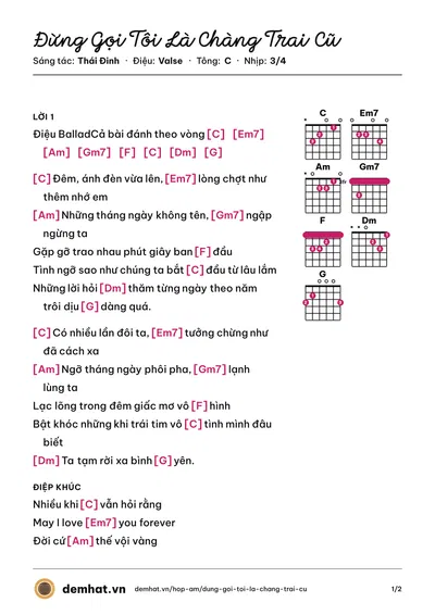Hợp âm Đừng Gọi Tôi Là Chàng Trai Cũ (Thái Đinh) – bản nhạc PDF trang 1, tông C