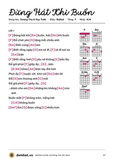Hợp âm Đừng Hát Khi Buồn (Thùy Chi) – bản nhạc PDF trang 1, tông F