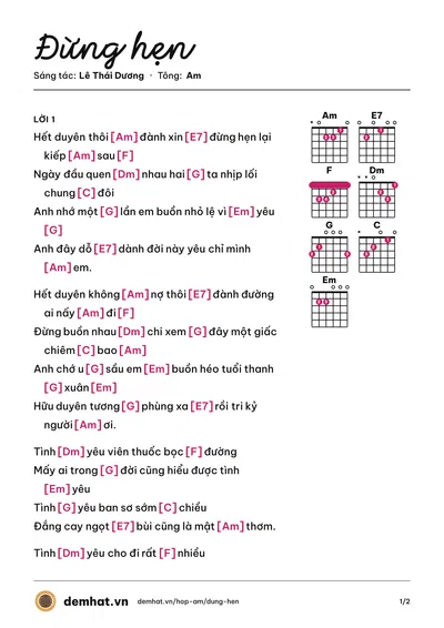 Hợp âm Đừng hẹn (Lê Thái Dương) – bản nhạc PDF trang 1, tông Am