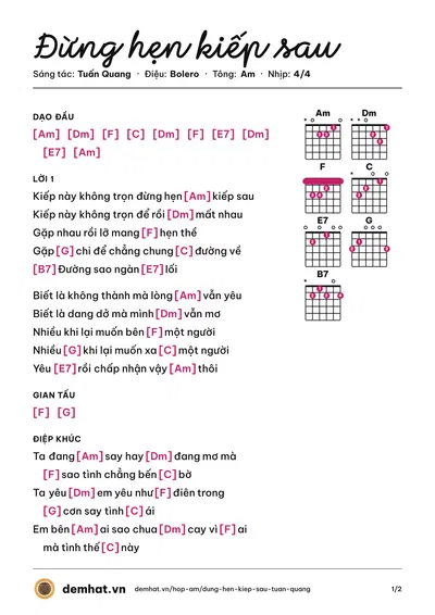 Hợp âm Đừng hẹn kiếp sau (Tuấn Quang) – bản nhạc PDF trang 1, tông Am