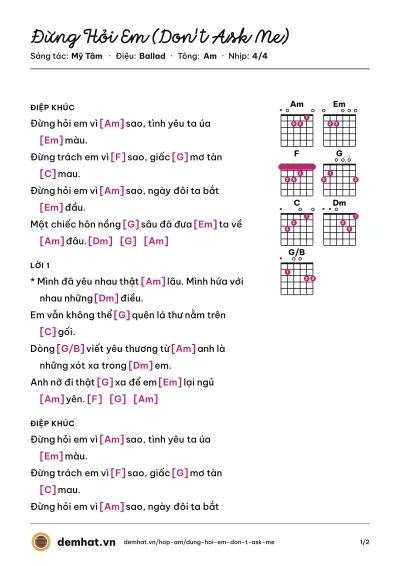Hợp âm Đừng Hỏi Em (Don't Ask Me) (Mỹ Tâm) – bản nhạc PDF trang 1, tông Am