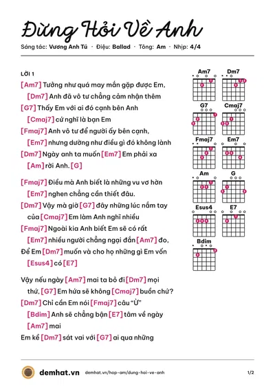Hợp âm Đừng Hỏi Về Anh (Mai Tiến Dũng) – bản nhạc PDF trang 1, tông Am