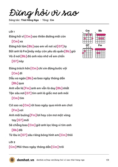 Hợp âm Đừng hỏi vì sao (Thái Hằng Nga) – bản nhạc PDF trang 1, tông Cm