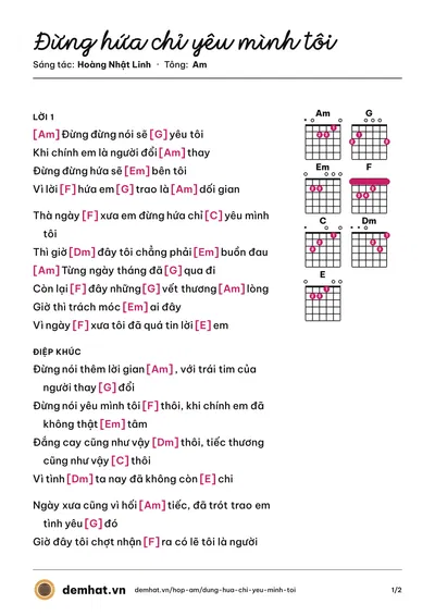 Hợp âm Đừng hứa chỉ yêu mình tôi (Hoàng Nhật Linh) – bản nhạc PDF trang 1, tông Am