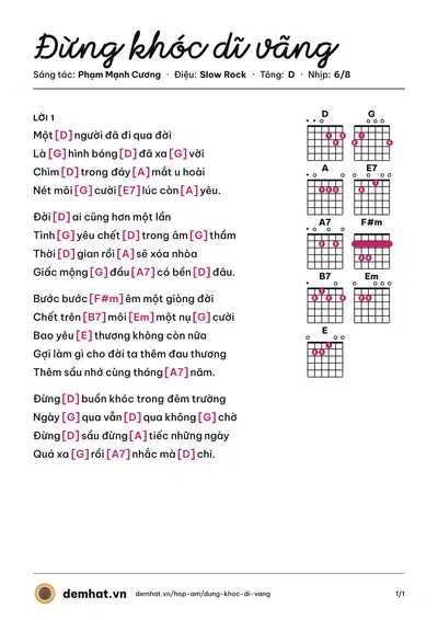 Hợp âm Đừng khóc dĩ vãng (Phạm Mạnh Cương) – bản nhạc PDF trang 1, tông D