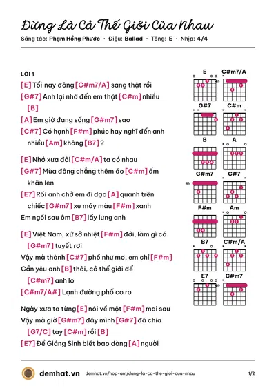 Hợp âm Đừng Là Cả Thế Giới Của Nhau (Phạm Hồng Phước) – bản nhạc PDF trang 1, tông E