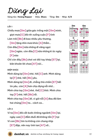 Hợp âm Dừng Lại (Mi Lan) – bản nhạc PDF trang 1, tông Dm