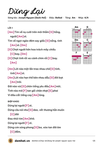 Hợp âm Dừng Lại (Lê Toàn) – bản nhạc PDF trang 1, tông Am