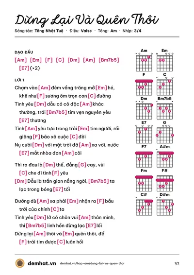Hợp âm Dừng Lại Và Quên Thôi (Trung Quân) – bản nhạc PDF trang 1, tông Am