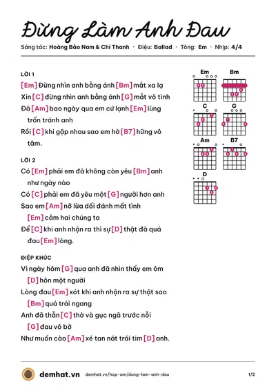 Hợp âm Đừng Làm Anh Đau (Minh Vương) – bản nhạc PDF trang 1, tông Em