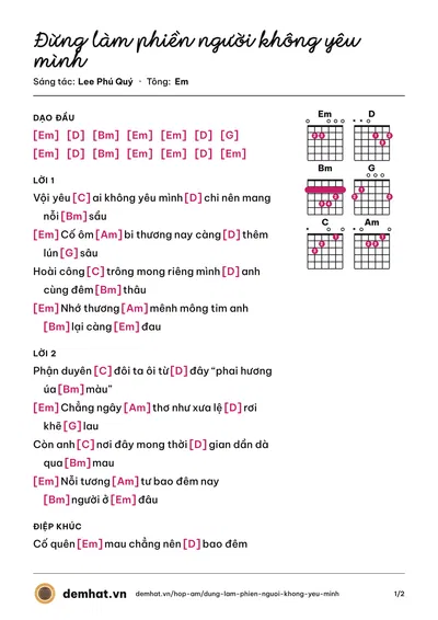 Hợp âm Đừng làm phiền người không yêu mình (Thiên Tú) – bản nhạc PDF trang 1, tông Em