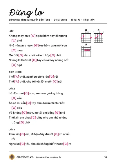 Hợp âm Đừng lo (Tùng) – bản nhạc PDF trang 1, tông G